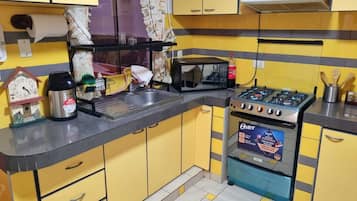 Appartement Affaires, rez-de-chaussée | Cuisine privée | Grand réfrigérateur, micro-ondes, plancha