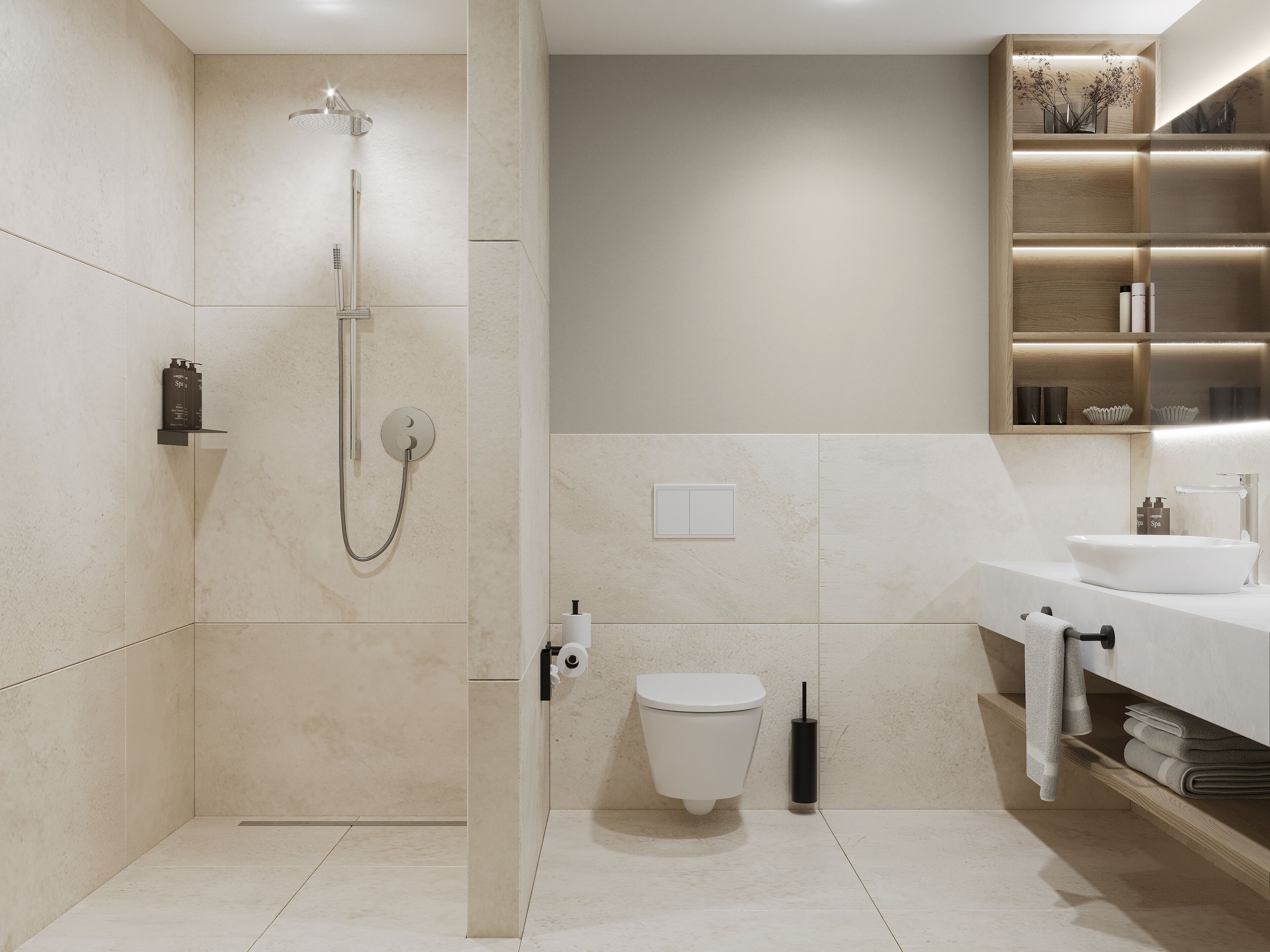 Un baño moderno con ducha, inodoro y lavabo.