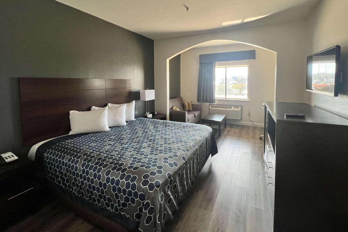 A hotel room with a large bed, a desk, a chair, a TV, and a window with a view.