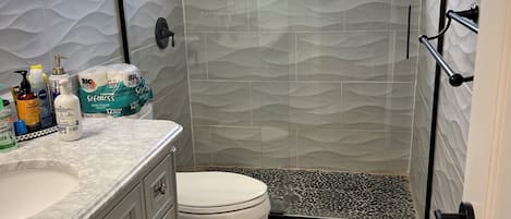 Shower, hair dryer, towels, soap
