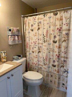 Ein Badezimmer mit Toilette, einem Waschbecken, einer Duschkabine mit Blumenmuster und einem an der Wand befestigten Ablagefach für Toilettenartikel.