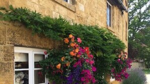 A stone building with a window and a door, surrounded by a garden with various plants and flowers. - The Apartment, Broadway (Broadway)