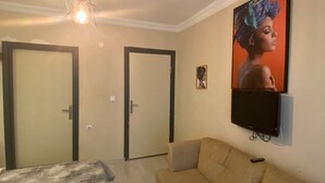 A room with a bed, a sofa, a TV mounted on the wall, and a ceiling light fixture. - Mertcan Pansiyon (Karabük)