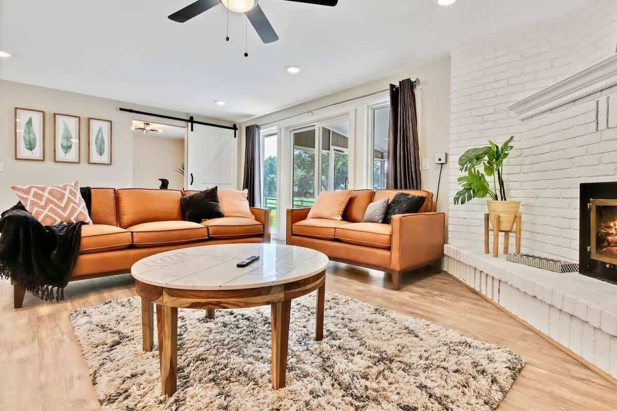 TV, fireplace, books