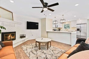 TV, fireplace, books