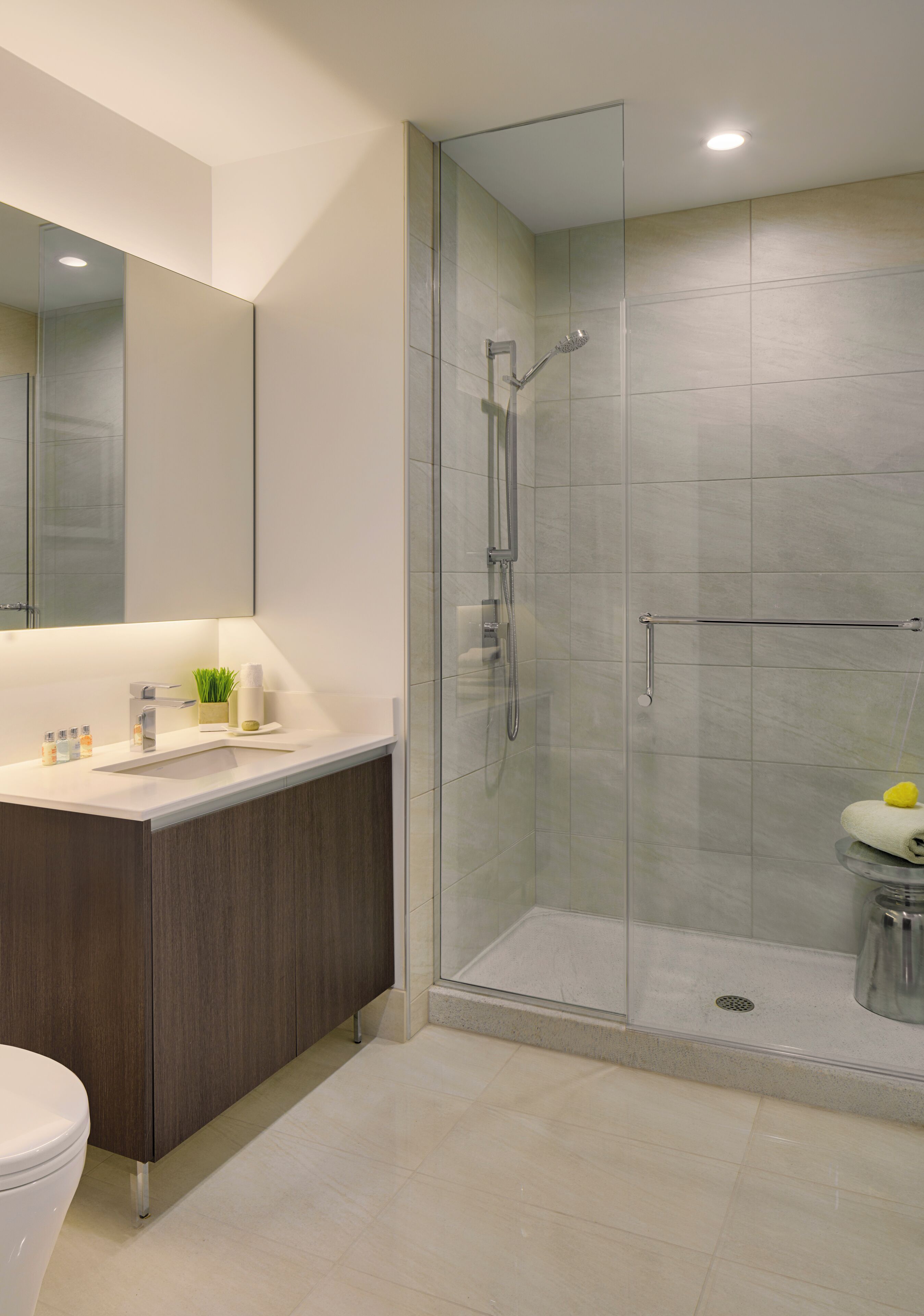 A modern bathroom with a glass-enclosed shower, a vanity with a mirror, and a toilet.