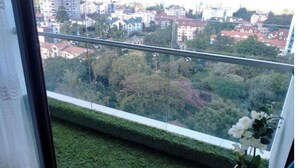 Un balcon donnant sur un paysage urbain, un petit coin d’herbe artificielle et une plante en pot.