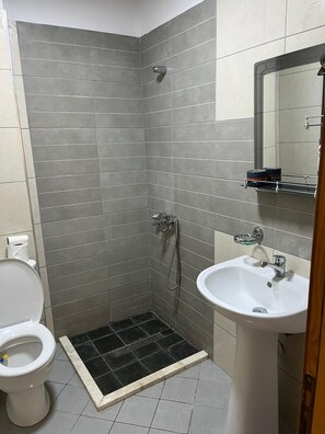 Douche, serviettes fournies, papier toilette