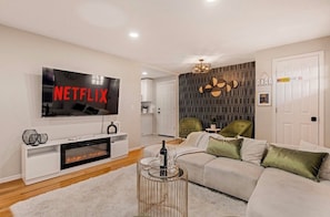 Smart TV, fireplace, video games, foosball