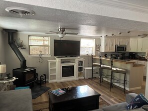 Smart TV, fireplace, DVD player, books