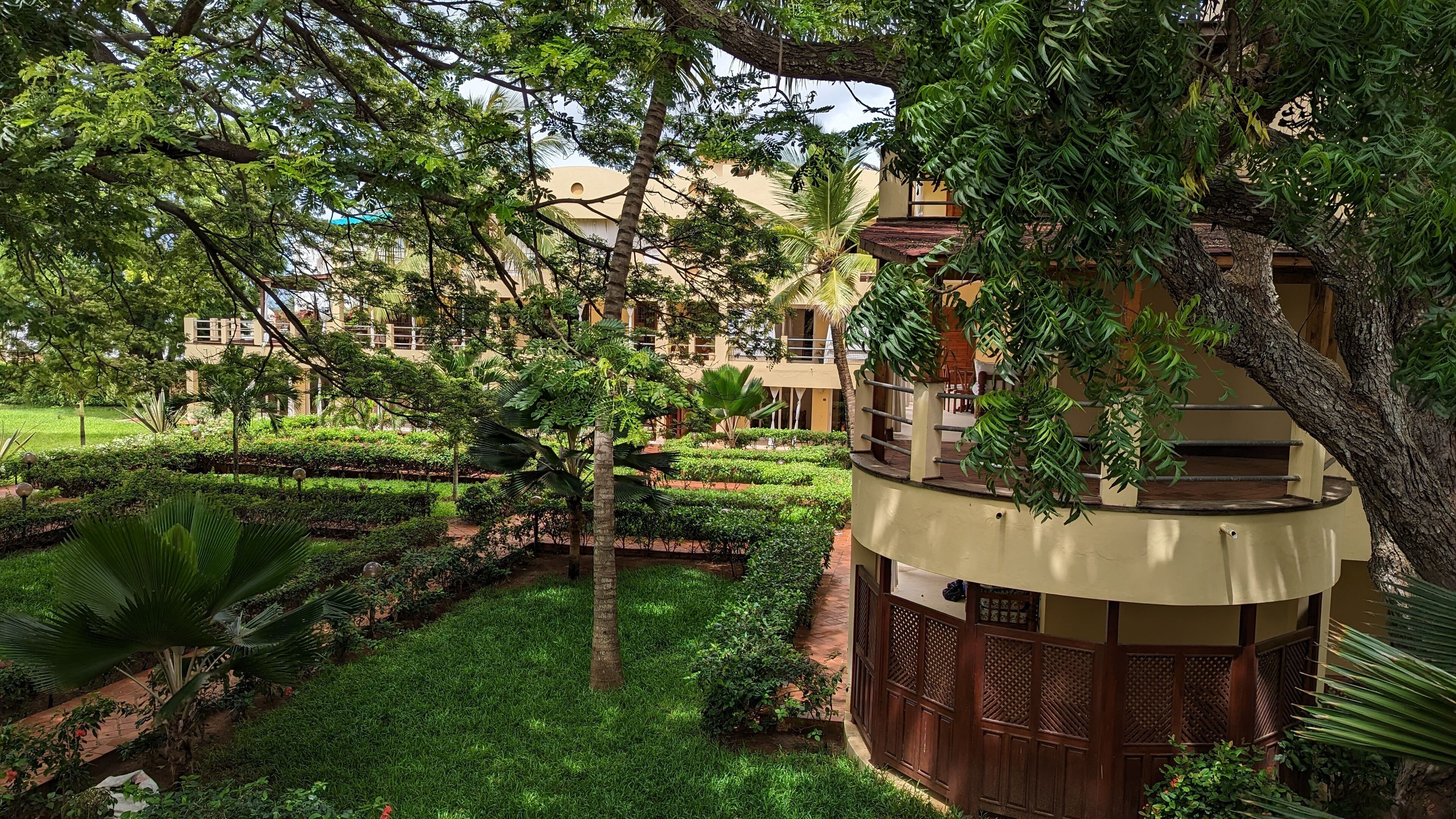 A lush garden with a variety of plants and a building with a curved balcony.