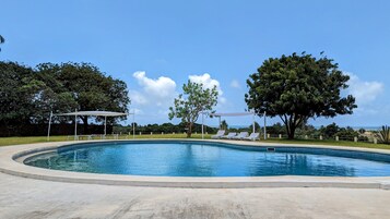 Una piscina al aire libre, sombrillas, sillones reclinables de piscina