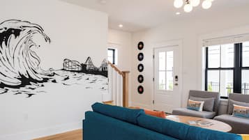 Smart TV, fireplace, table tennis, books