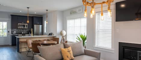 Smart TV, fireplace, table tennis, books