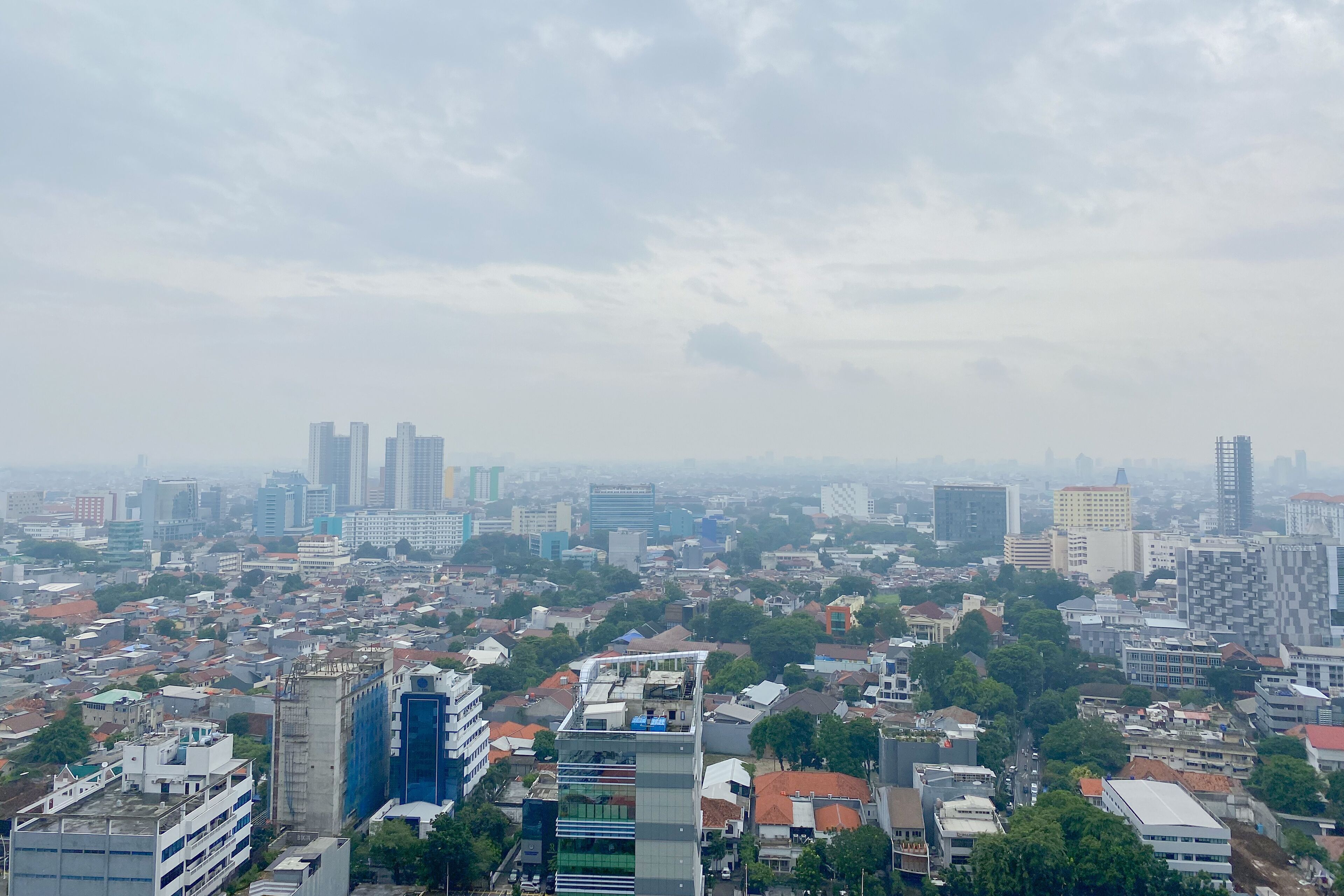 A cityscape with a mix of residential and commercial buildings, including high-rise structures and smaller houses.