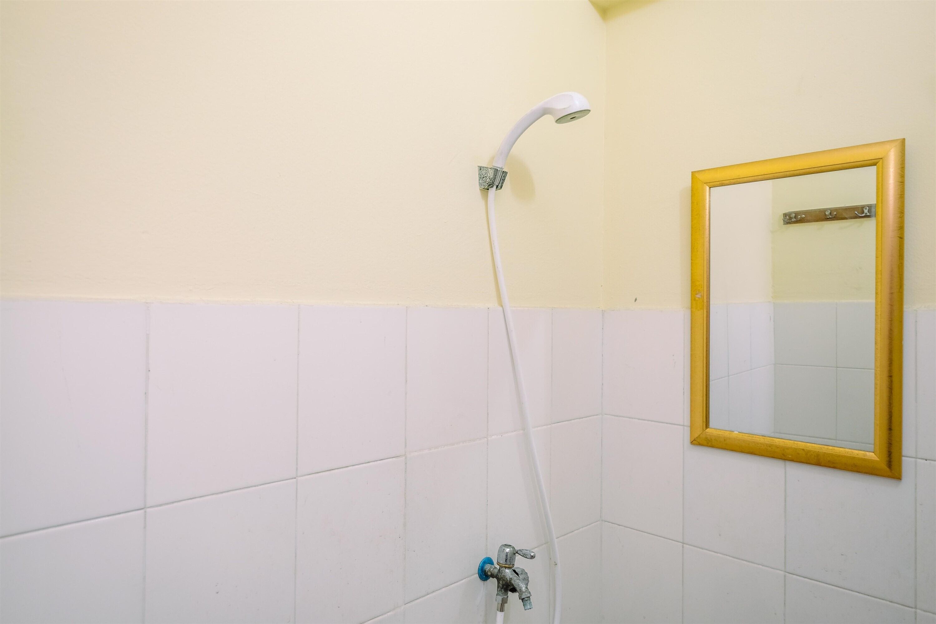 Ein Badezimmer mit weiß gefliesten Wänden, einer Dusche inklusive weißem Duschschlauch und einem Spiegel mit goldener Rahmung.