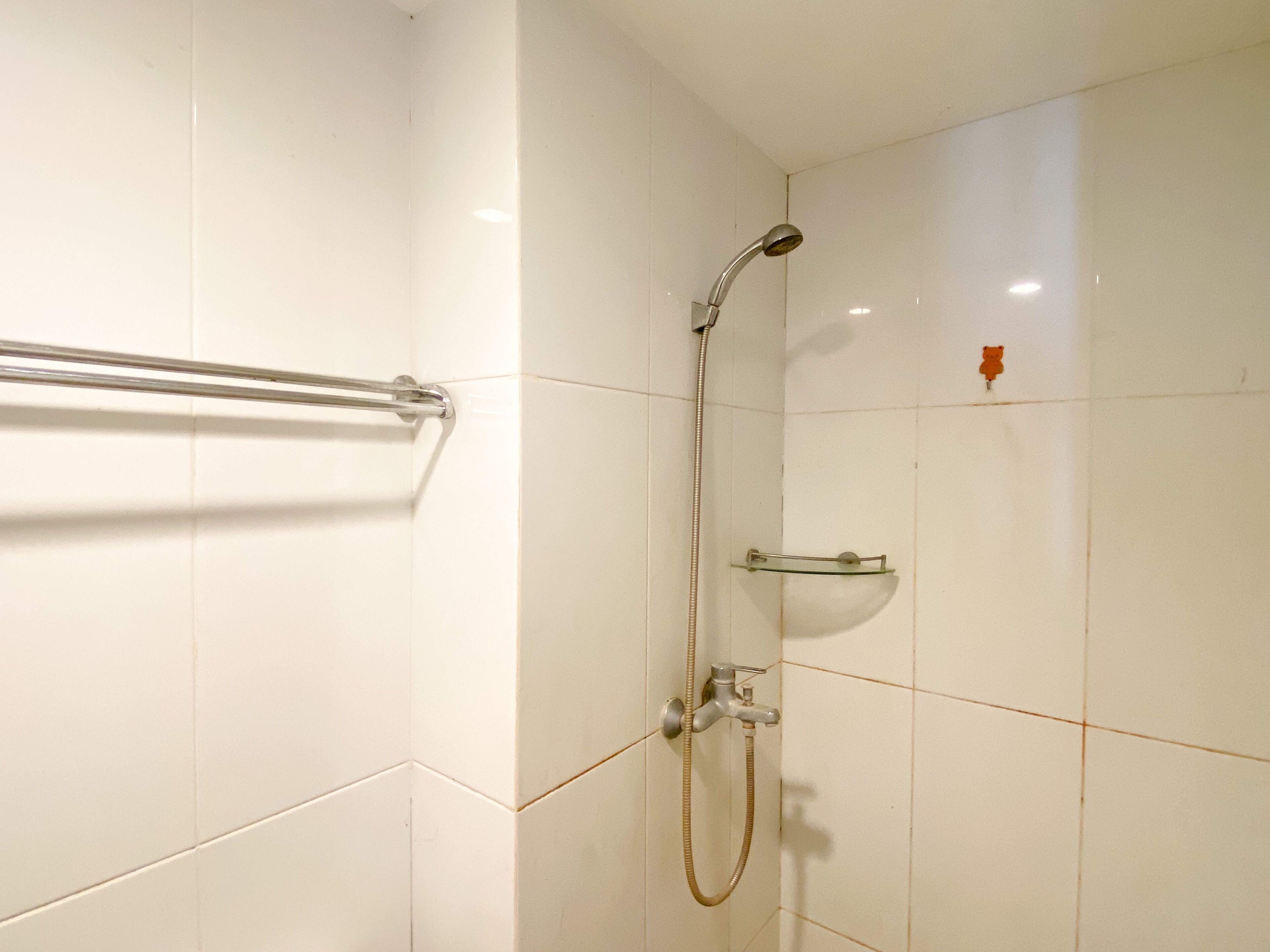 A bathroom with white tiles, a glass shower enclosure, a handheld showerhead, and a towel rack.