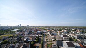 A residential area with a variety of house styles, a clear sky, and distant city buildings.