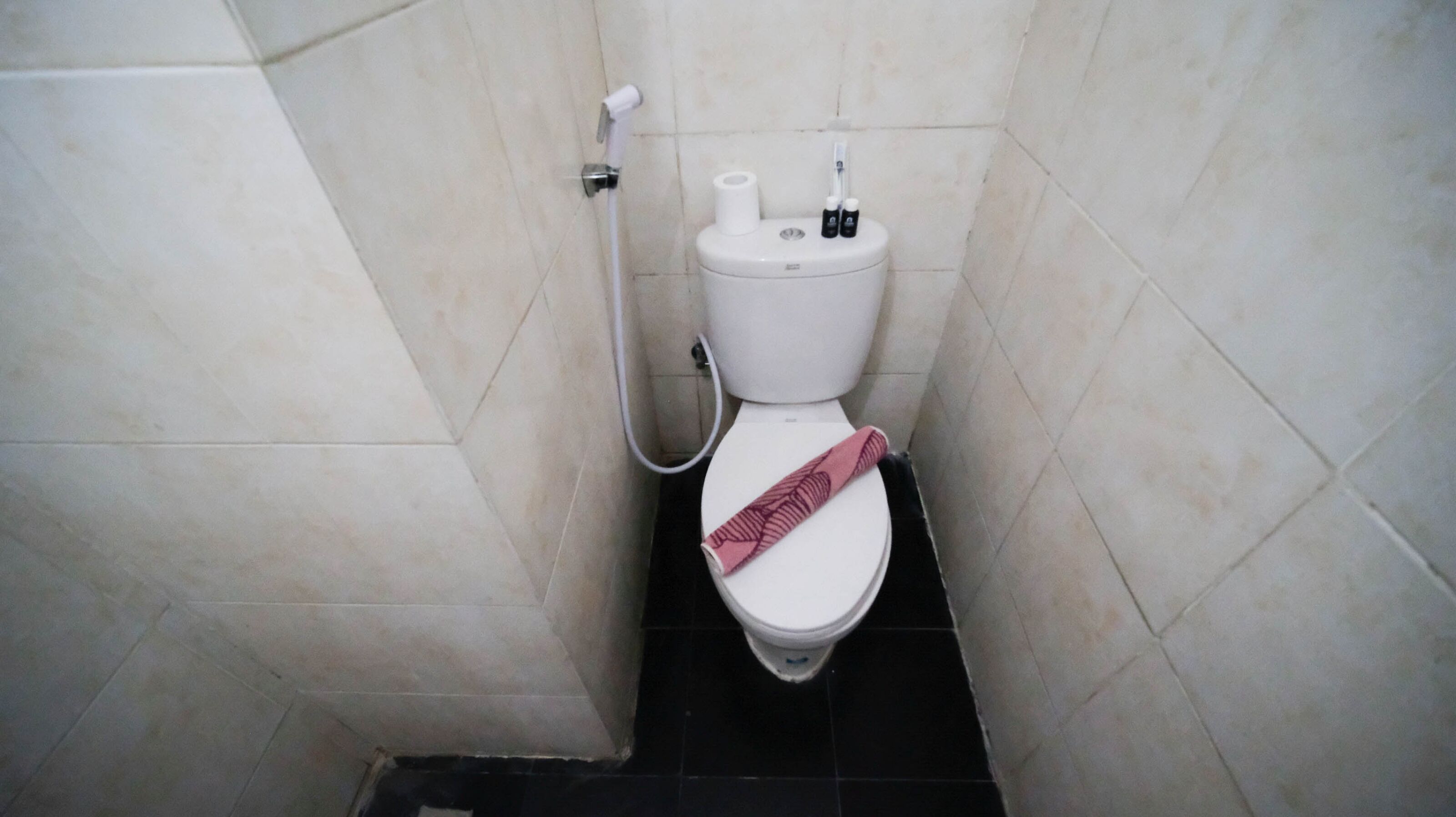 Een kleine, smalle badkamer met toilet, toiletrolhouder en een douchetuitje.