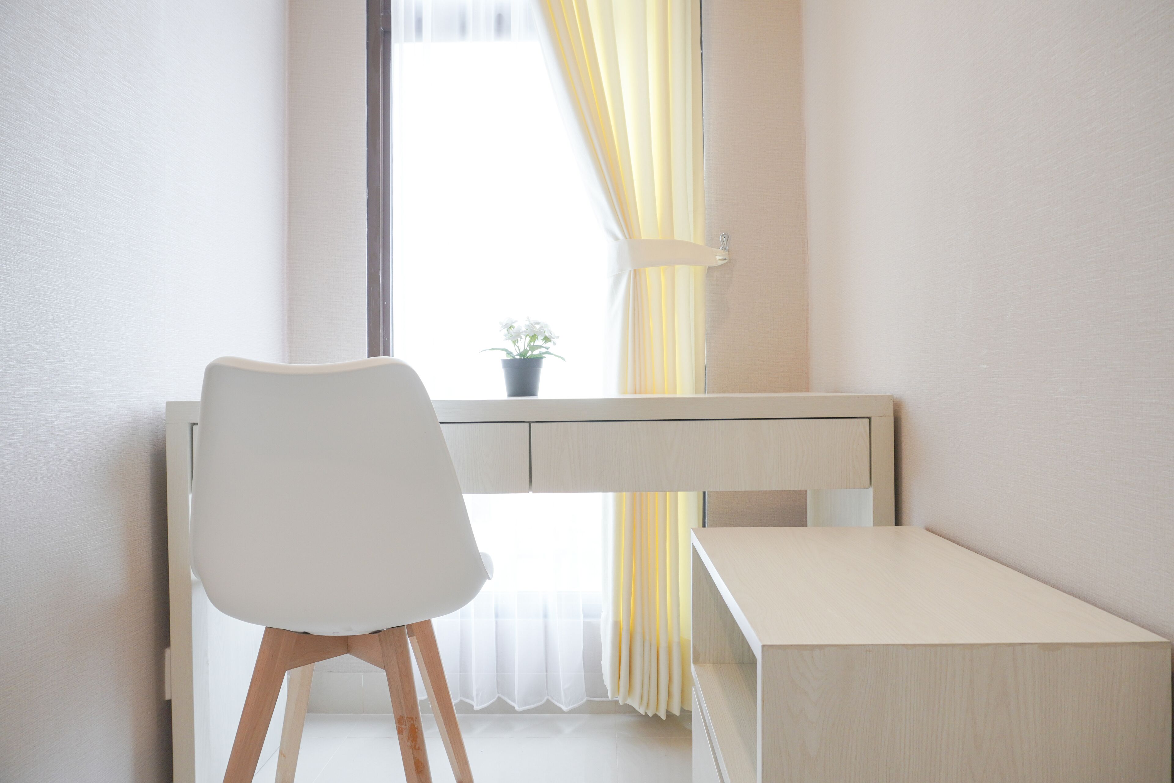 A minimalist room with a desk, chair, and a small potted plant.