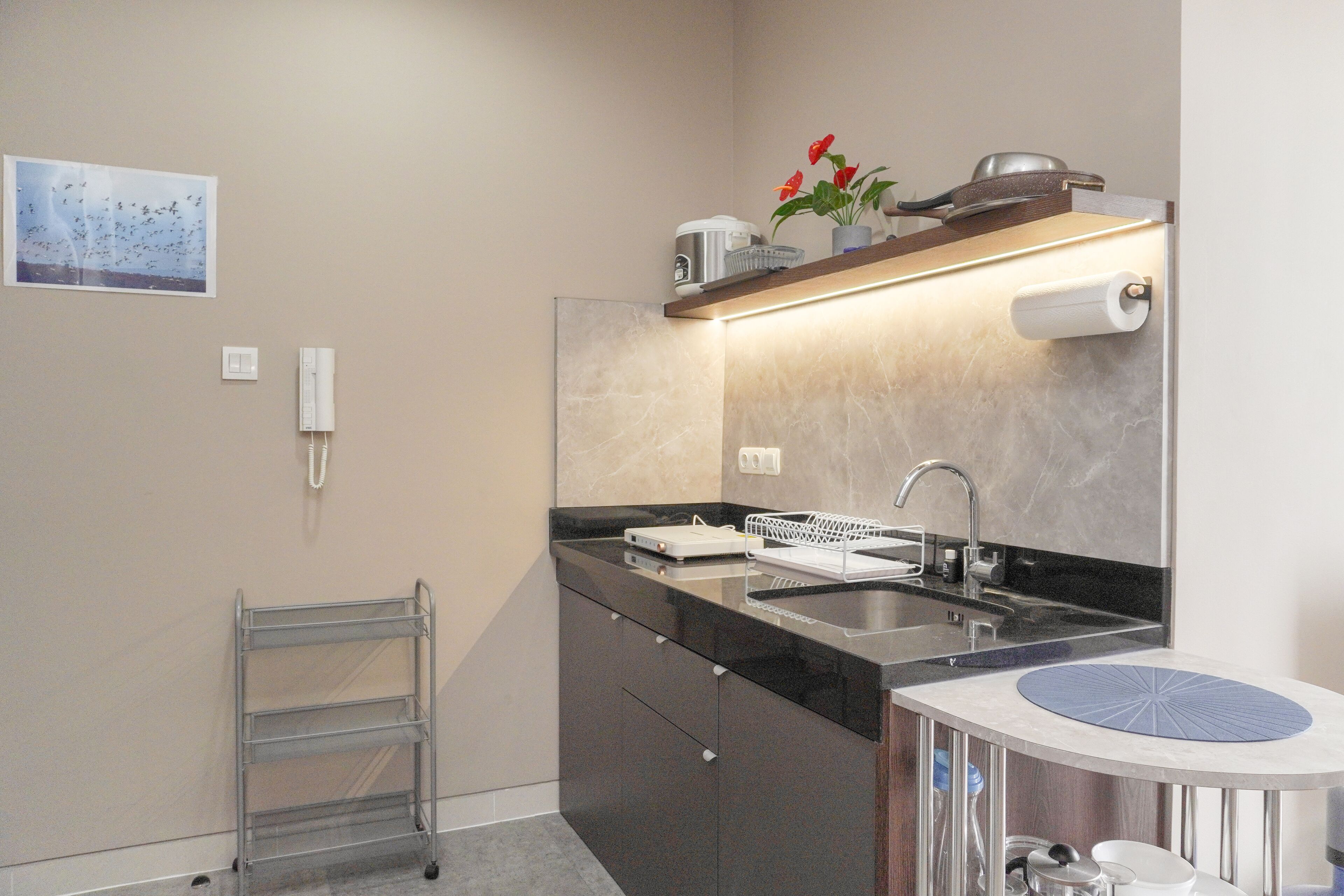 Un baño moderno con encimera negra, un lavamanos y un espejo. Hay una estantería sobre el espejo con una planta y una cafetera.