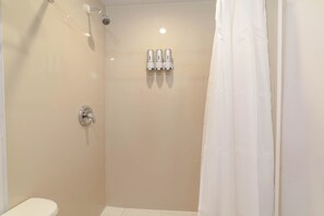 Een douche, een haardroger, handdoeken, zeep