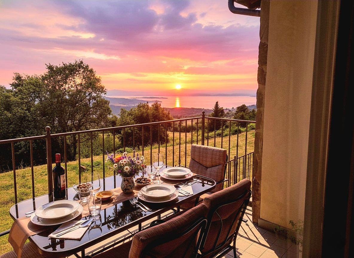 A dining table set outdoors with a view of the sunset over a body of water.