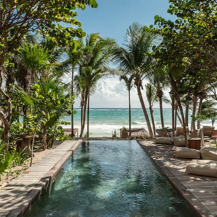 A pool area with lounge chairs and palm trees, leading to a beach.