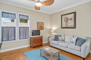 House, 1 King Bed with Sofa bed, Hot Tub | Living area | TV - Aermotor Loft Downtown With Hot Tub (Fredericksburg)