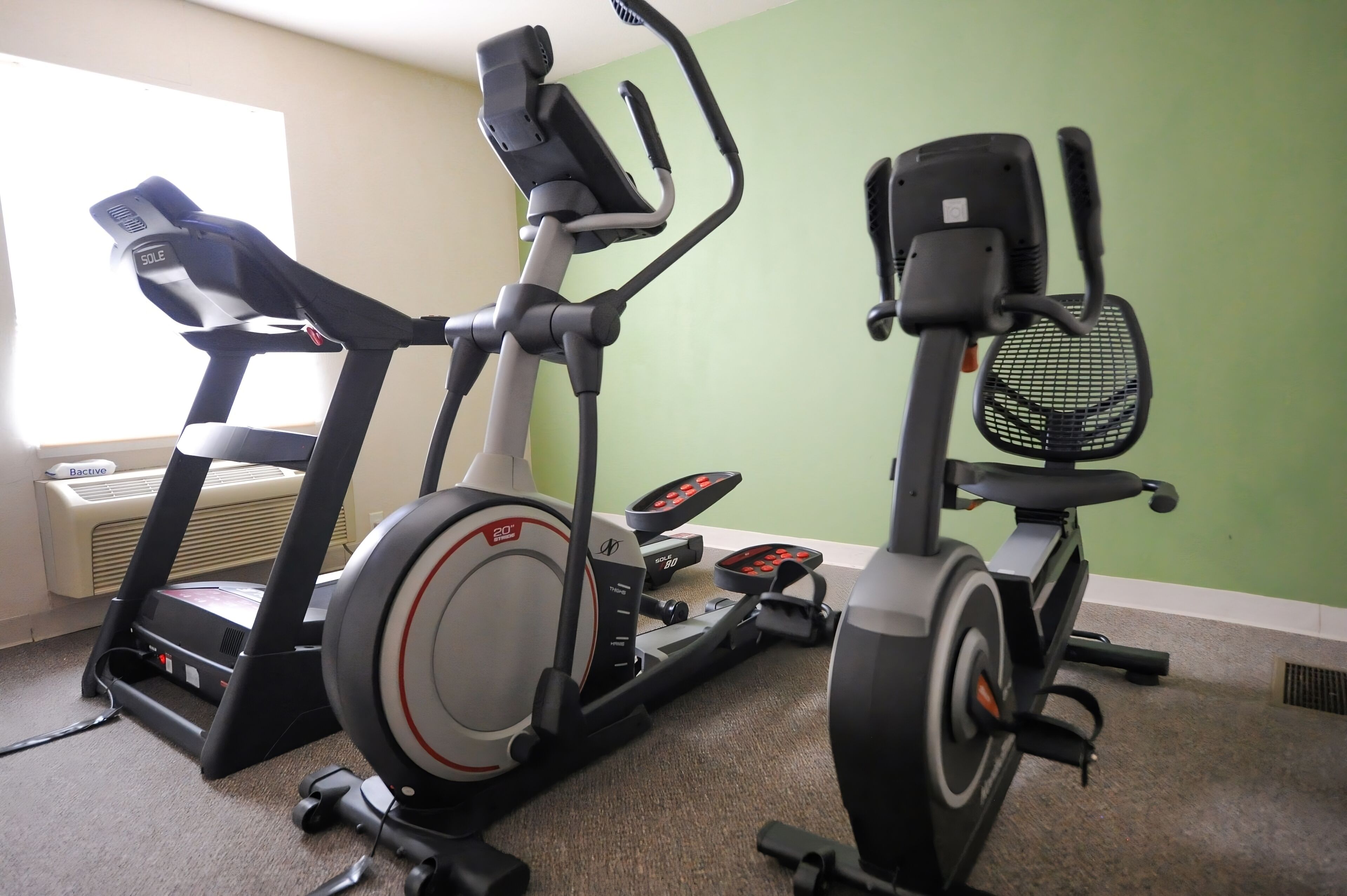 A home gym with stationary bikes, a treadmill, and a fan.