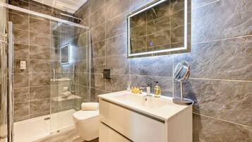 Shower, hair dryer, towels, shampoo