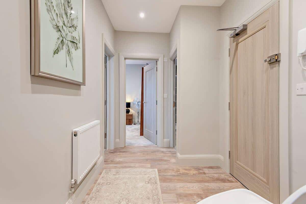 A hallway with a radiator, a framed artwork, a wooden door, and a carpet.