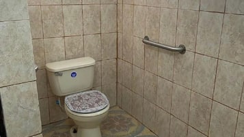 Shower, towels, soap, toilet paper