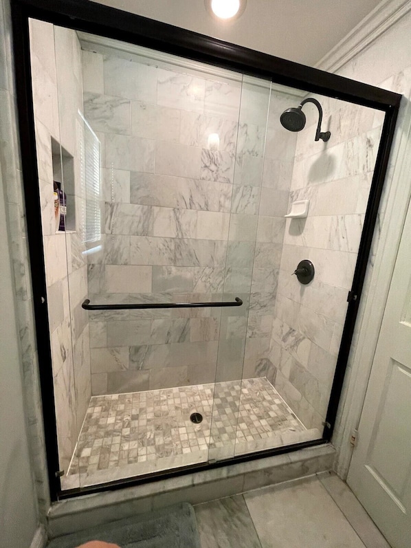 Hair dryer, towels, soap, toilet paper