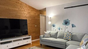 A modern living room with a flat-screen TV, a grey sofa, patterned rug, wooden wall, and a ceiling light. - Pacifico Blu Guest House- close to beaches! (Clearwater)