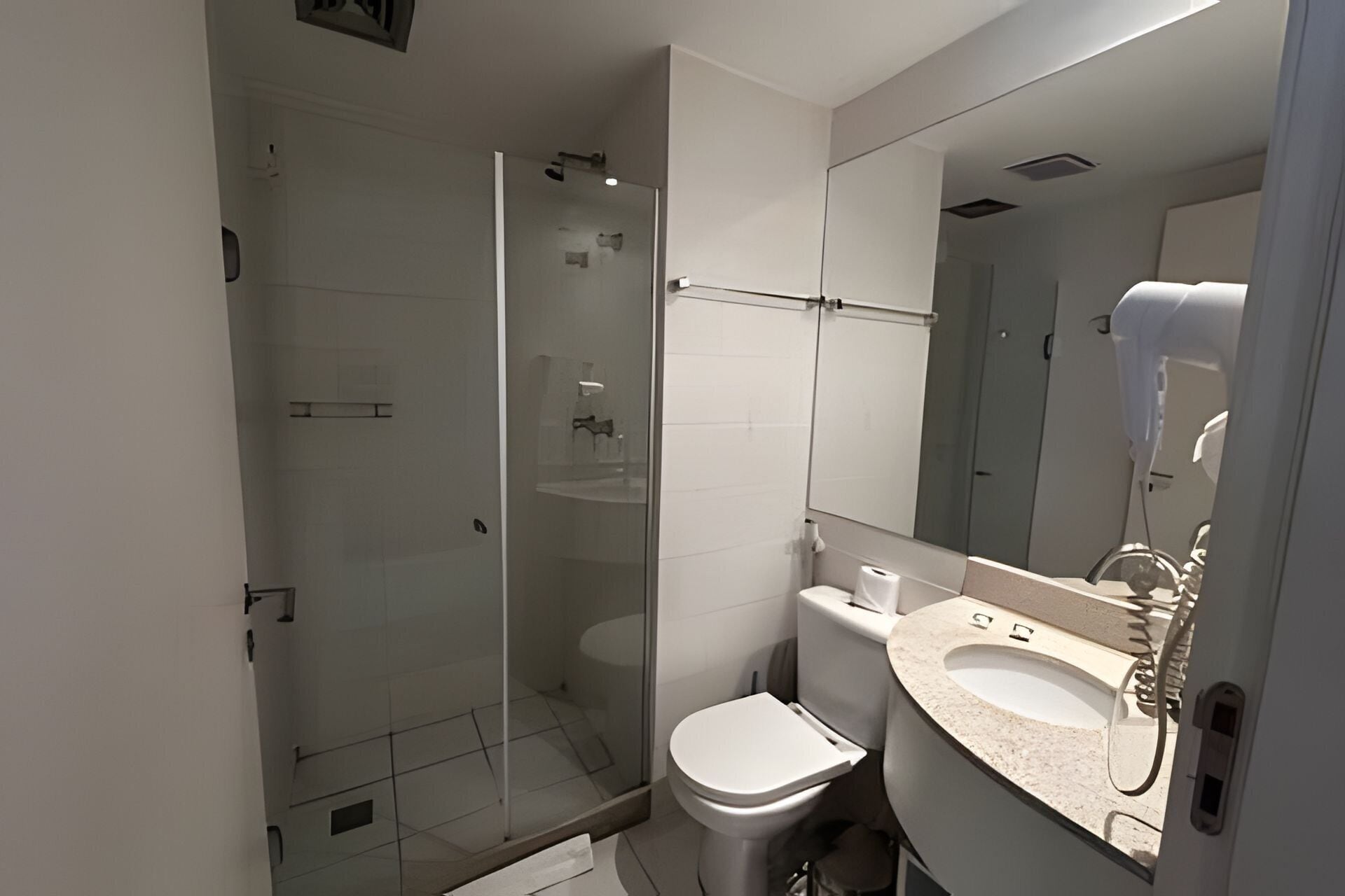 A modern bathroom with a glass-enclosed shower, a white toilet, and a sink with a mirror above it.