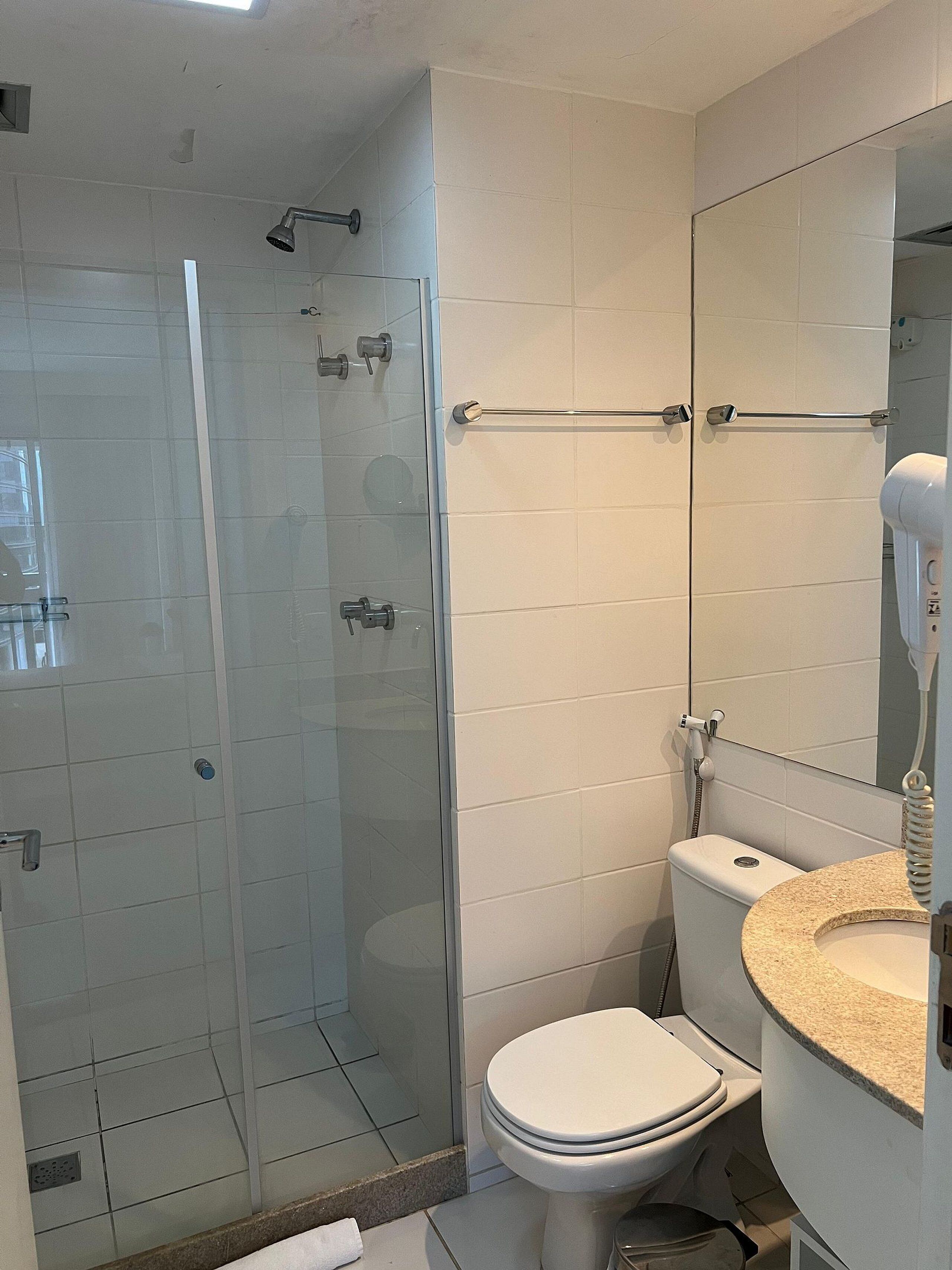 A bathroom with a glass-enclosed shower, a toilet, and a sink with a mirror.