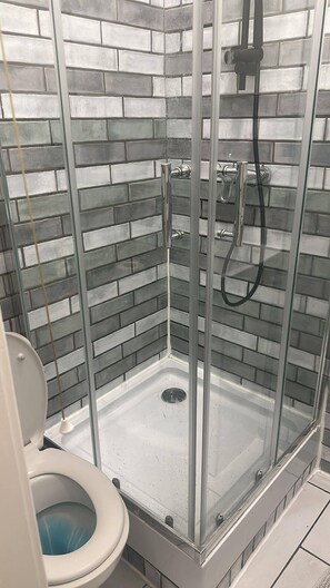 Chuveiro, secador de cabelo, toalhas de banho 