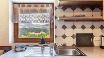 Een koelkast, een oven, een kookplaat, een vaatwasser