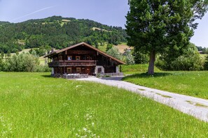 A wooden chalet with a balcony, surrounded by a grassy field and a tree, with a mountain in the background. - Holiday Home "The Farm" with Mountain Views, Private Terrace & Wi-Fi (Westendorf)