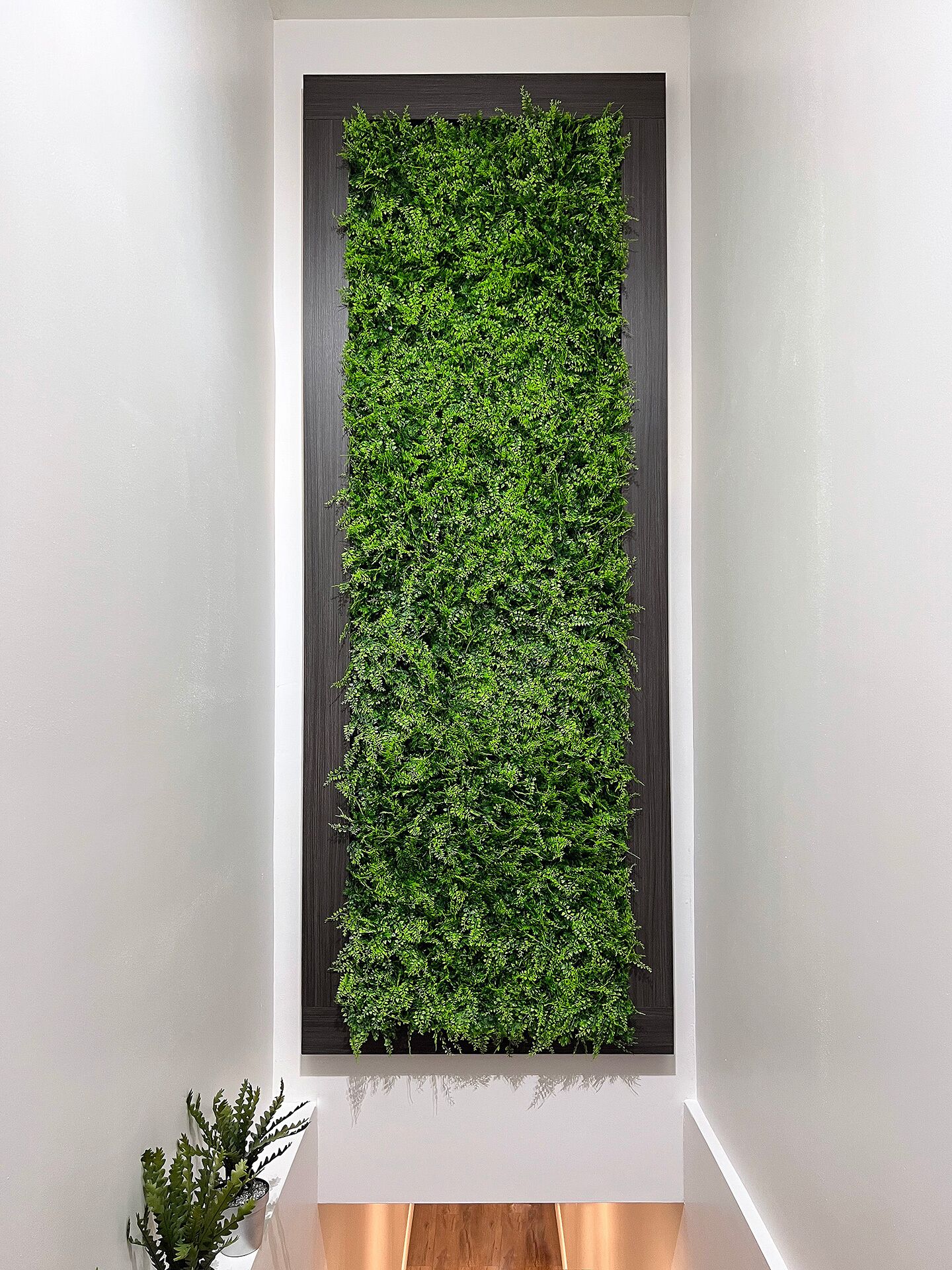 A vertical garden wall in a room with white walls and a wooden floor.