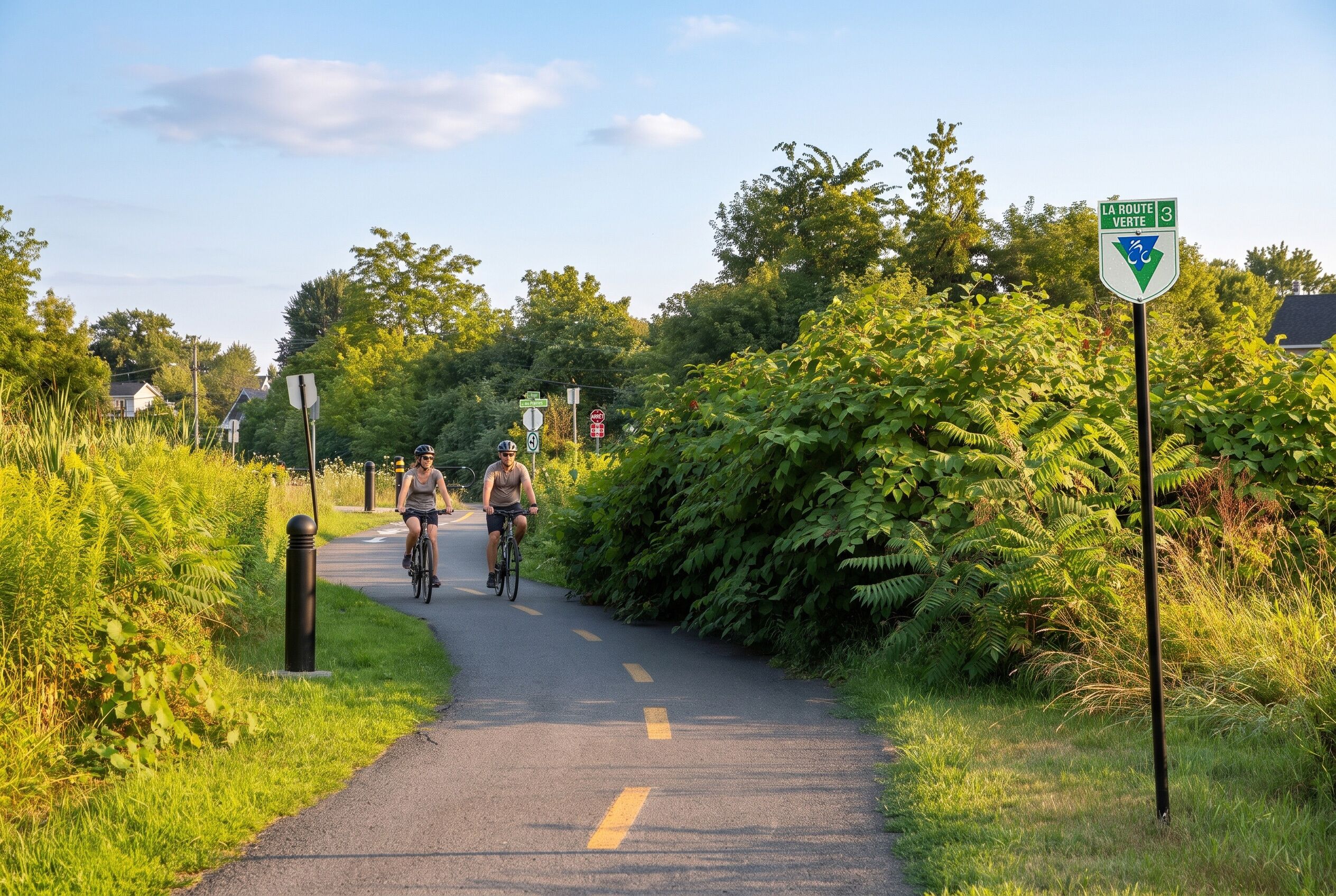 Una via ciclista asfaltada amb ciclistes, envoltada de vegetació i un cel serè.