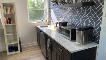 Fridge, microwave, coffee/tea maker, electric kettle