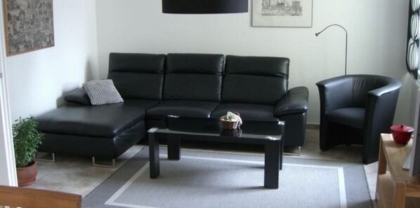 Un saló modern amb un sofà de pell negra, una taula de cafè negra i un butac armchair negre.