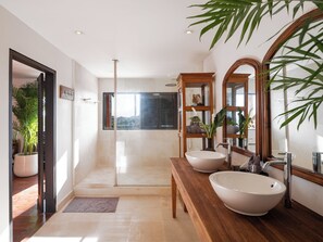 Shower, hair dryer, bidet, towels