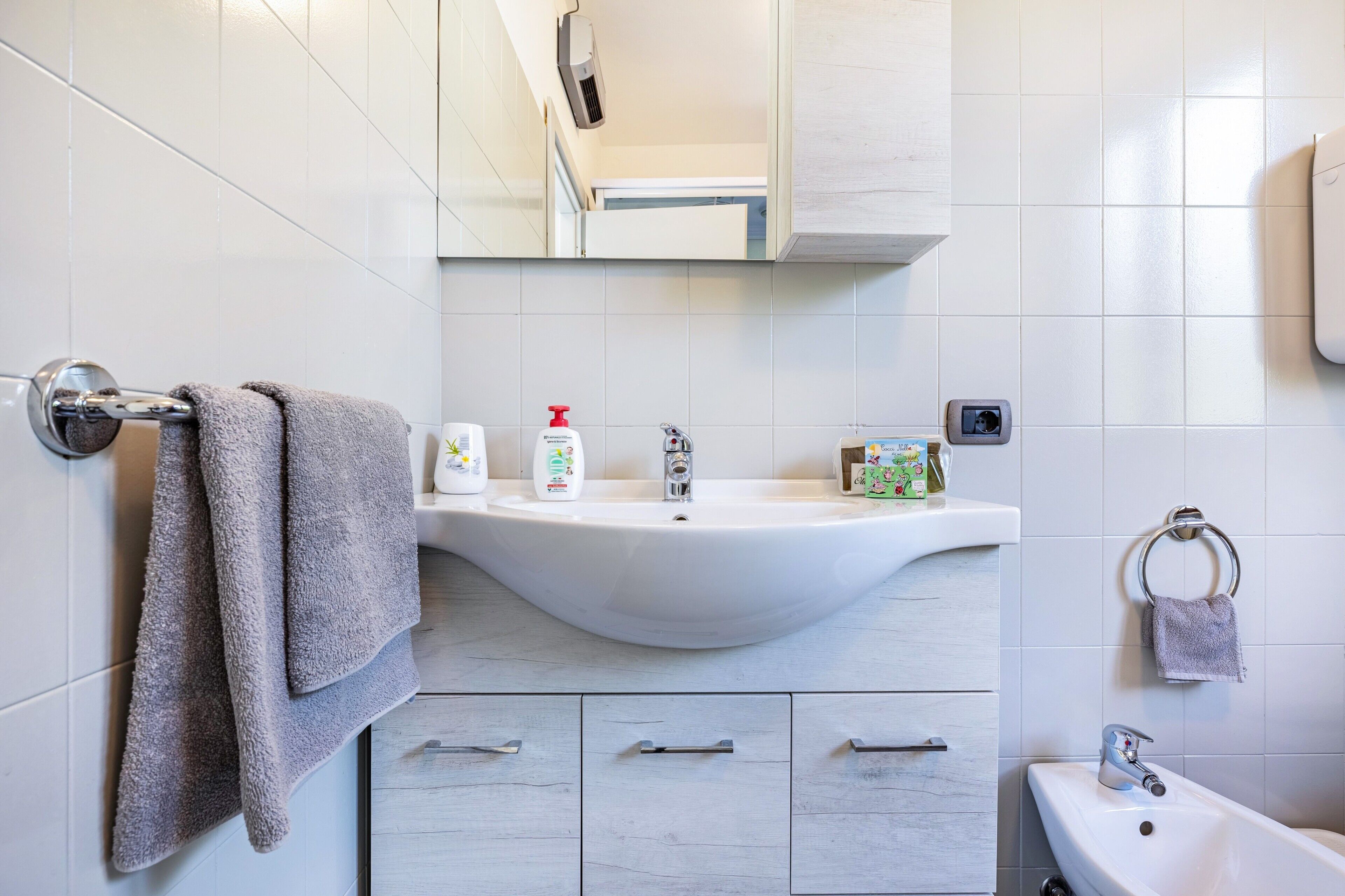 A bathroom with a white sink, a mirror, a towel rack, and a toilet paper holder.