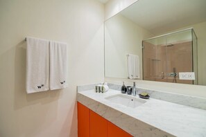 Shower, hair dryer, towels