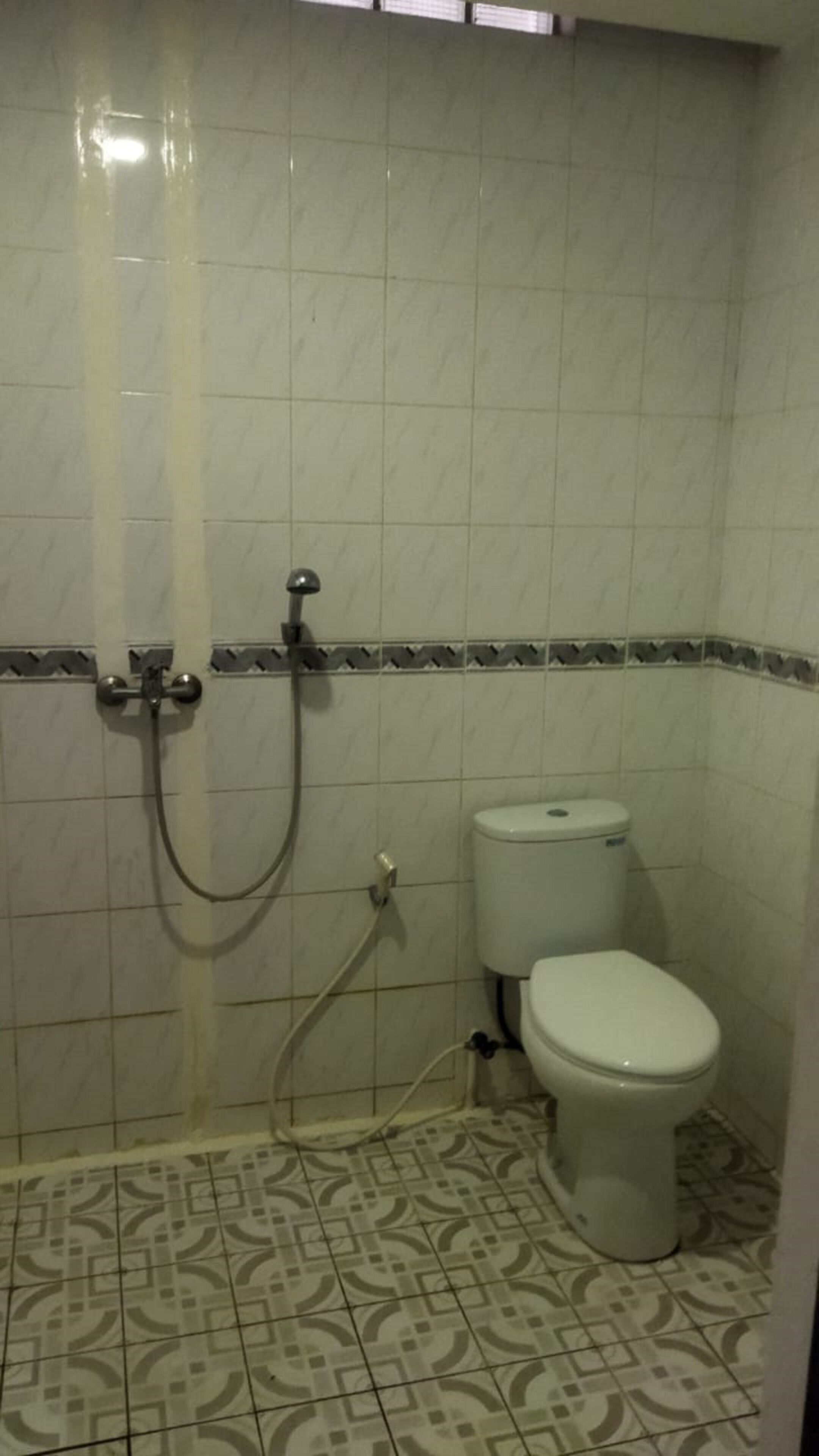 Kylpyhuone, jossa on wc, suihku ja kuviollinen lattialaatoitus.