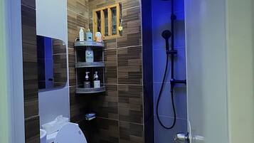 Hair dryer, bathrobes, slippers, towels