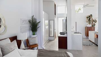 1 bedroom, desk, iron/ironing board, travel crib